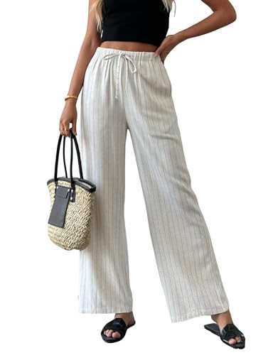 heipeiwa Women's Linen Pants Striped Summer Boho Straight Wide Leg Beach Lounge Casual Trousers | Amazon (US)