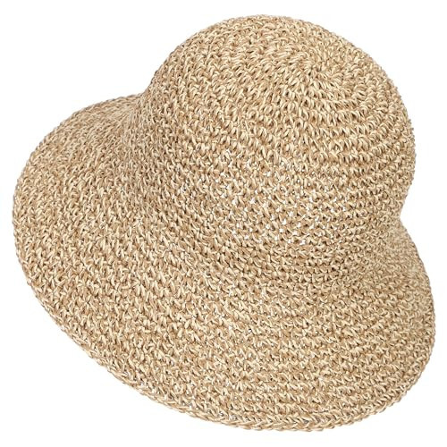 Womens Sun Hat Handmade Crochet Straw Bucket Hat Summer UV Protection Foldable Travel Cap UPF 50+(Beige&Coffee) | Amazon (US)