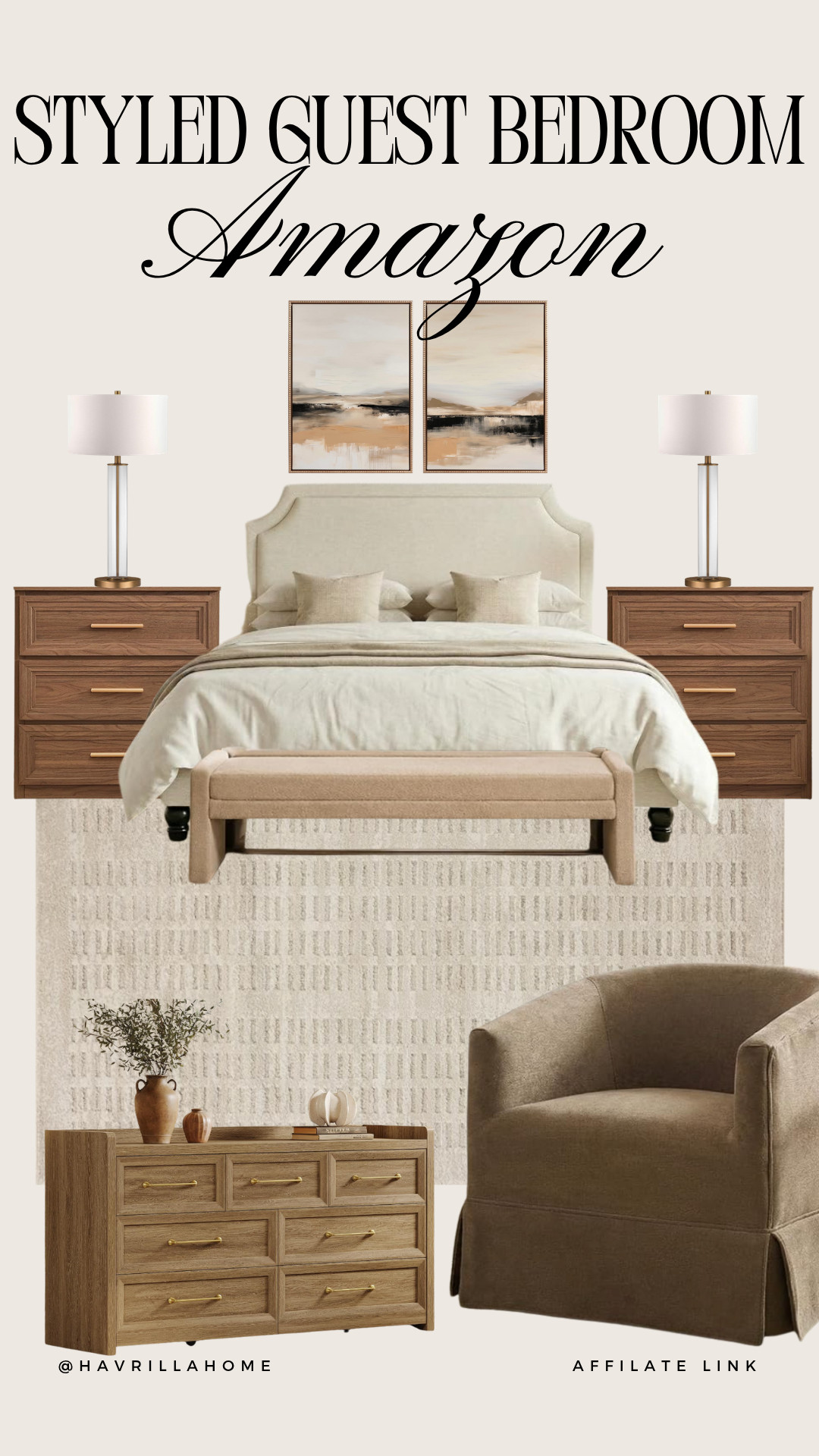 Amazon Styled Guest Bedroom: Amazon bedroom furniture, Amazon guest bedroom, styled guest bedroom, guest bedroom ideas, neutral bedroom decor, warm neutral bedroom, upholstered bed, wood nightstands, neutral table lamps, bedroom bench, cream area rug, wood dresser, brown accent chair, cozy guest room, transitional bedroom design, modern traditional bedroom, Amazon home finds, affordable bedroom makeover, designer inspired bedroom

#LTKHome