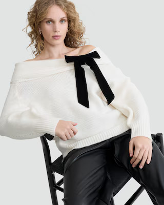 F&F Ribbed Velvet Bow Bardot Jumper with Wool in Cream | Tesco F&F
