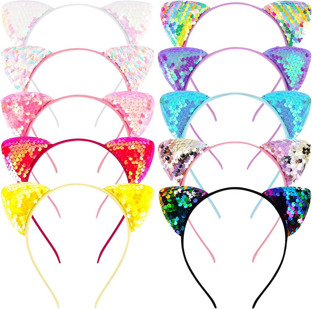 Chanaco Cat Ears Headbands 10Pcs Set Sequin Cat Headband Party Decorations Cute Glitter Hair Hoop... | Amazon (US)
