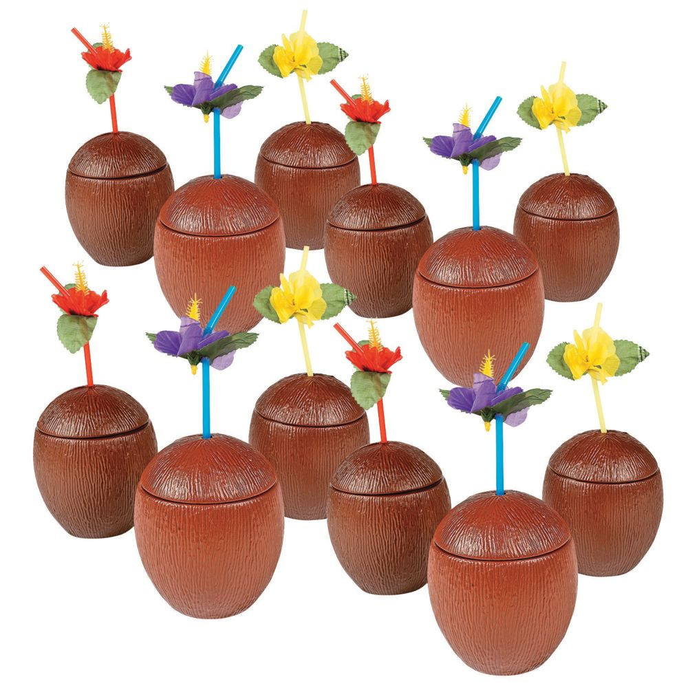 60 Pc Bulk Coconut Plastic Cups with Lids 5"" 16 oz | Oriental Trading Company