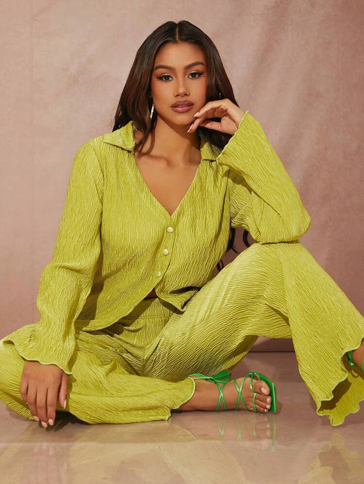 SHEIN BAE Button Front Lettuce Trim Top & Wide Leg Pants Set | SHEIN