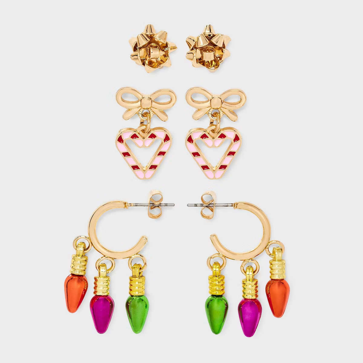 Christmas Bow and Heart Candy Cane Mixed Hoop Earring Set 3pc - Gold | Target