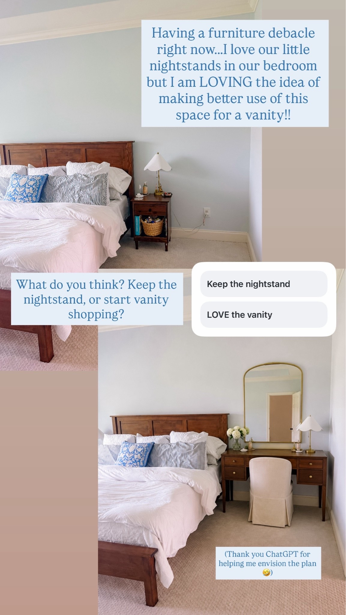 Help me decide!! I am considering revamping this space in our bedroom to become a vanity instead of just our nightstands!! Which do you prefer!?

#LTKHome