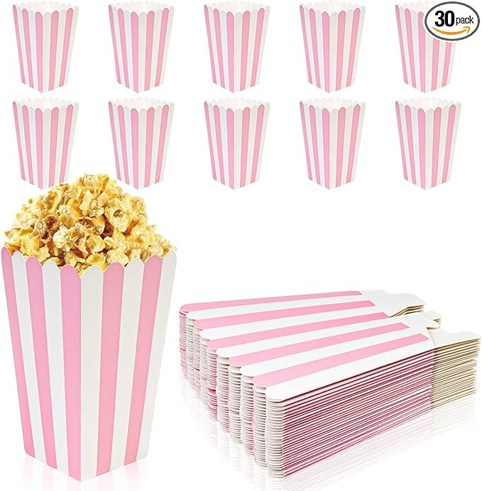 30 Pcs Pink & White Striped Popcorn Boxes, Mini Paper Snack Containers for Movie Night, Birthday ... | Amazon (US)