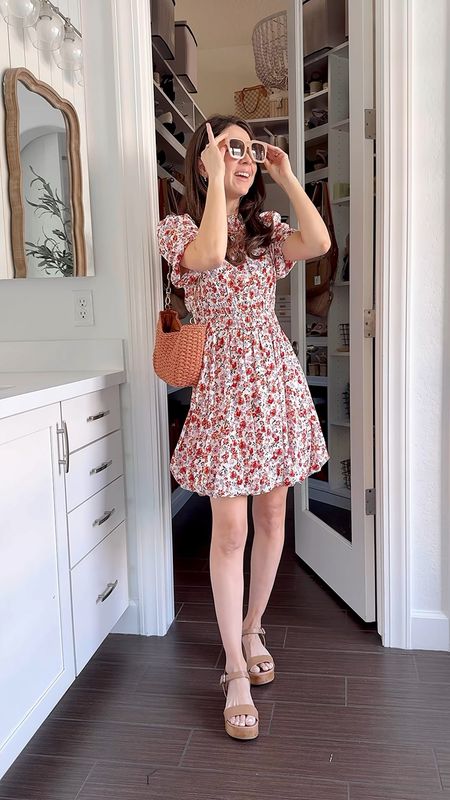 Amazon floral mini dress - wearing a small in floral dress - petite friendly dress - Amazon sandal- Amazon woven summer bag - Amazon sunglasses - Amazon outfit 

#LTKstyletip #LTKfindsunder50