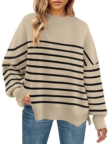 ZESICA Women's Fall 2025 Oversized Sweaters Long Sleeve Color Block Mock Neck Side Slit Comfy Loose Knitted Pullover Tops,Khaki,Small | Amazon (US)