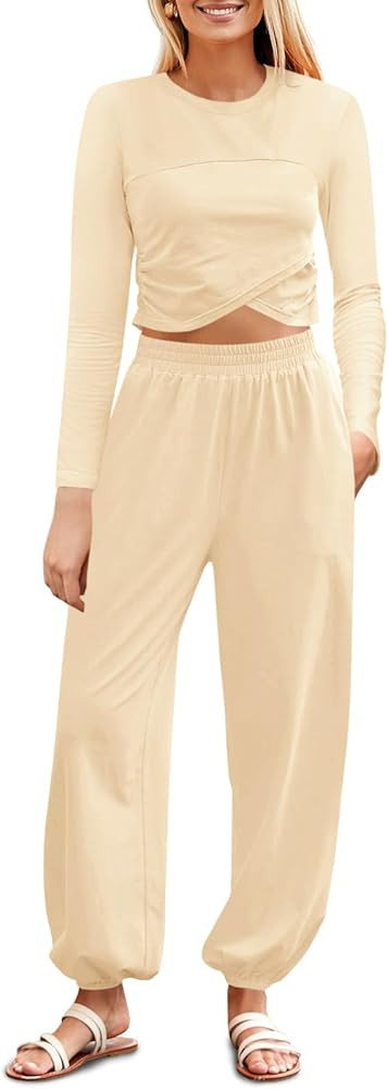 Fisoew Women's 2 Piece Lounge Sets Casual Long Sleeve Crossover Crop Tops Jogger Pants Tracksuits... | Amazon (US)