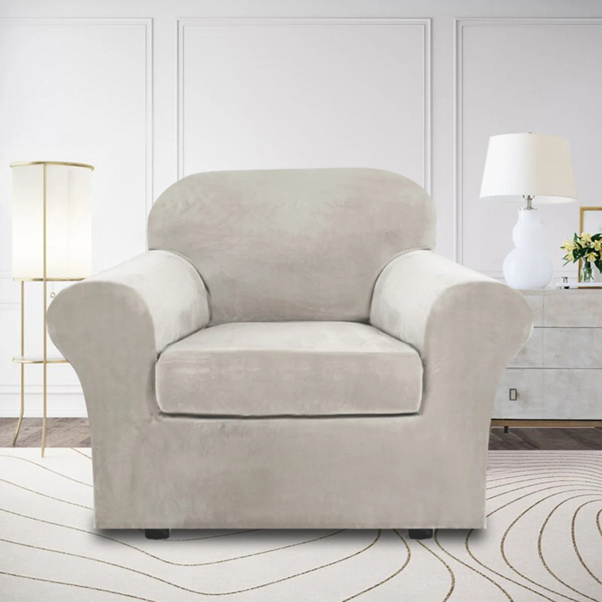 Rich Velvet Stretch 2 Pieces Box Cushion Armchair Slipcover with 1 Cushion Cover Furniture Protector Couch Machine Washable | Wayfair North America