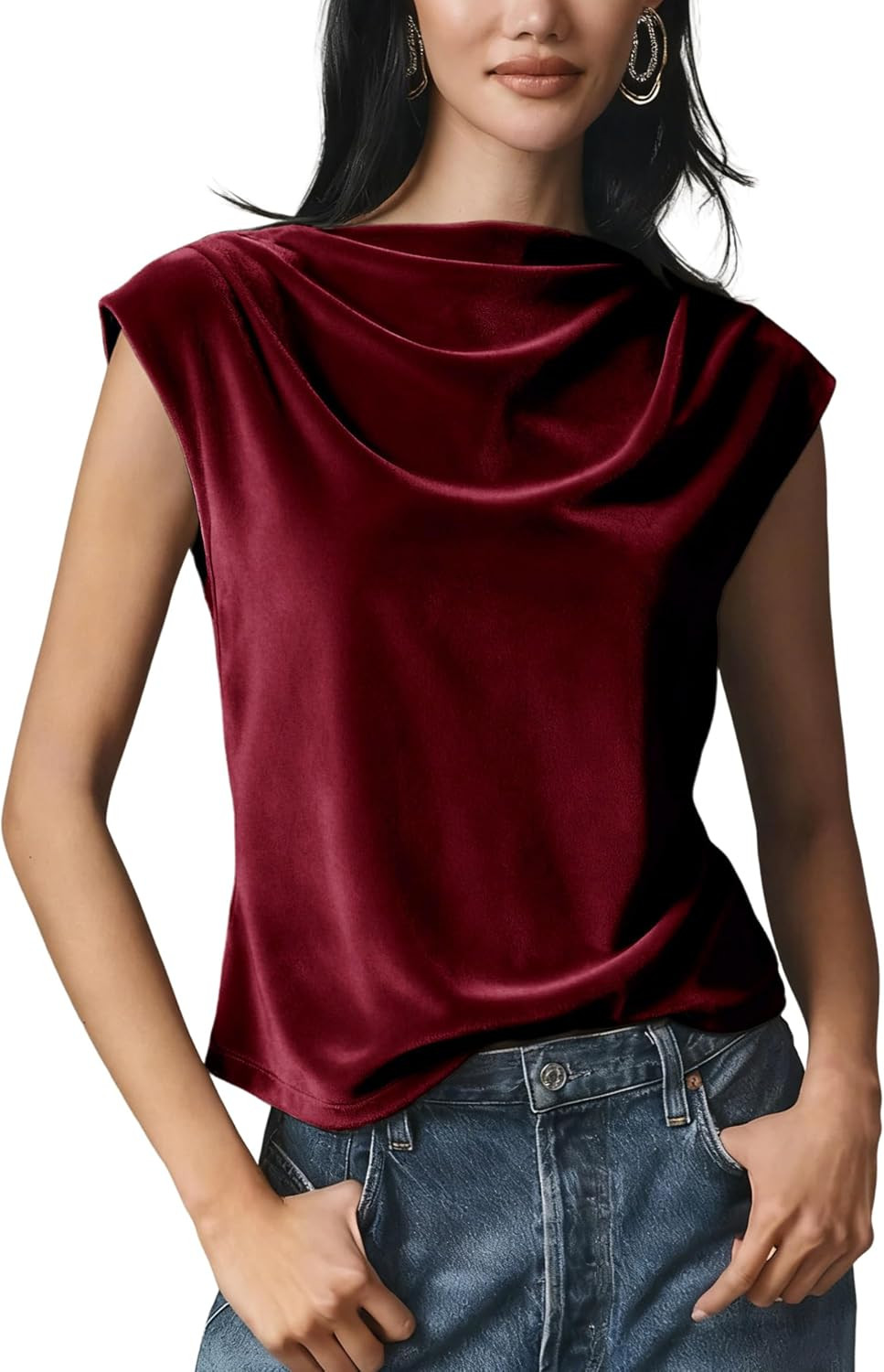 Women's Velvet Tops Cowl Neck Cap Sleeve Blouse Loose Fit Elegant Dressy Casual Top Office Wedding Guest Wear | Amazon (US)