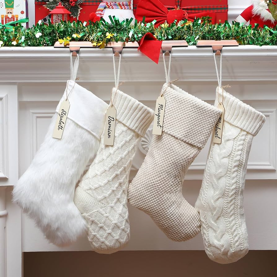 4 Pcs Neutral Christmas Stockings Set, 20'' Farmhouse Rustic Plush Faux Fur & 18'' Cream White Ca... | Amazon (US)