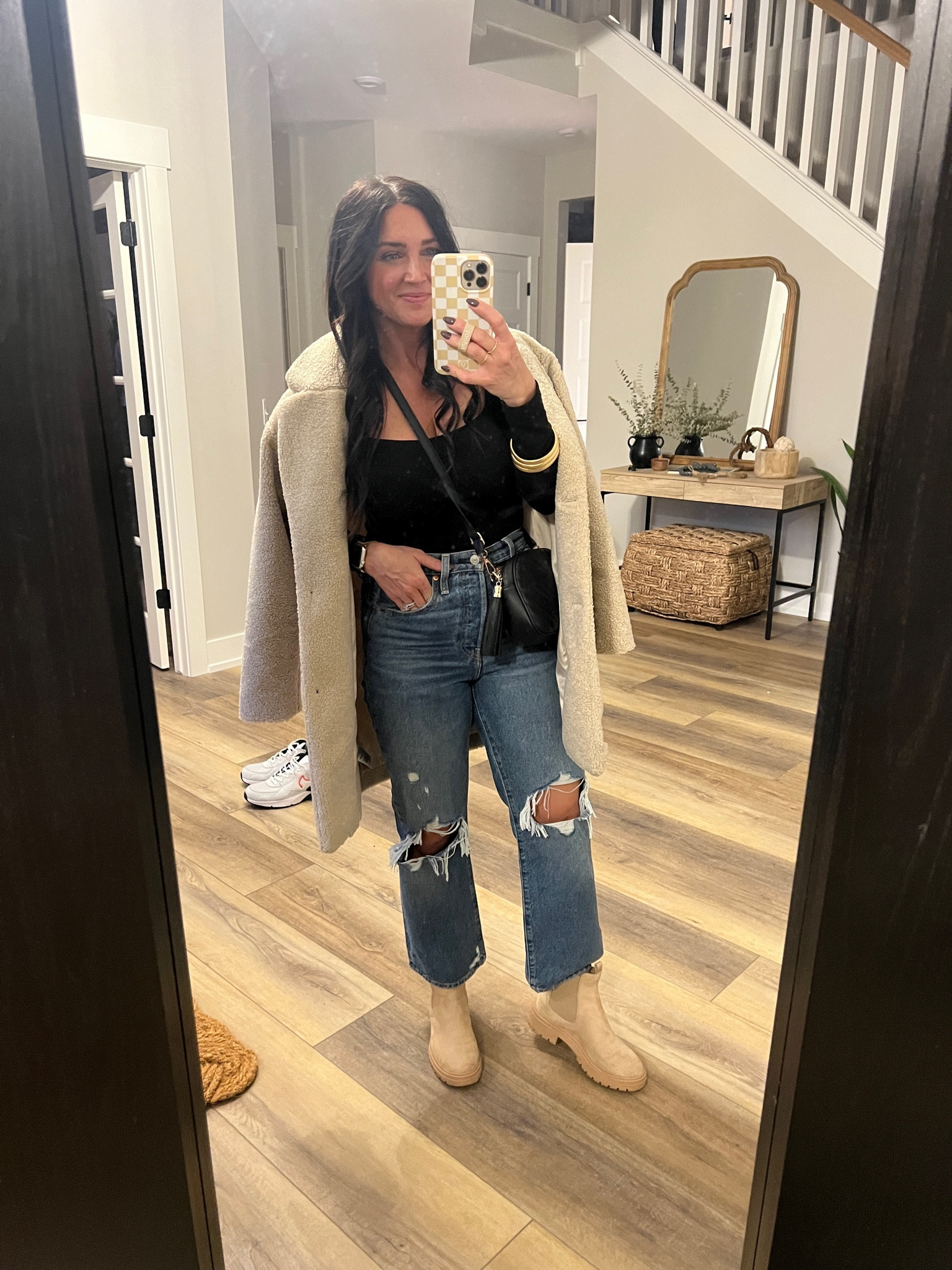 Date night look! Love this Teddy coat and the jeans are my FAVE! Jeans are TTS. Bodysuit is TTS. Coat is oversized. 