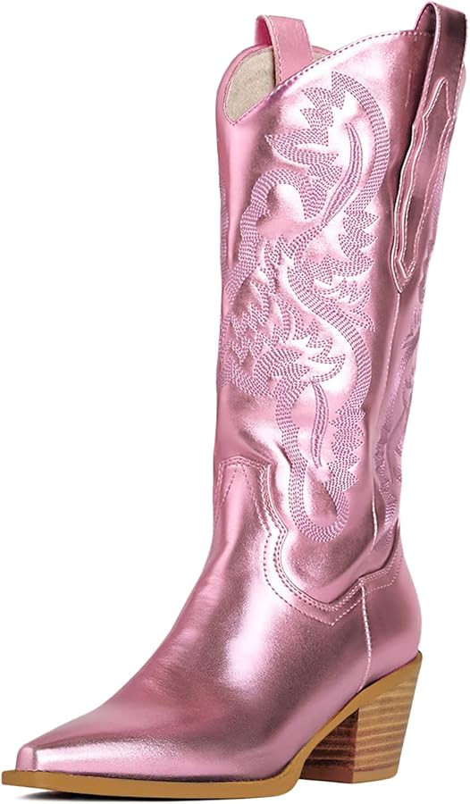 Women's Cowgirl Boots Embroidered Cowboy Pointed Chunky Block Heel Western Vintage Mid-calf Boots | Amazon (US)