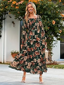 Simplee Womens Long Sleeve Floral Wedding Guest Dress Flowy Tiered Smocked Square Neck Fall Boho ... | Amazon (US)