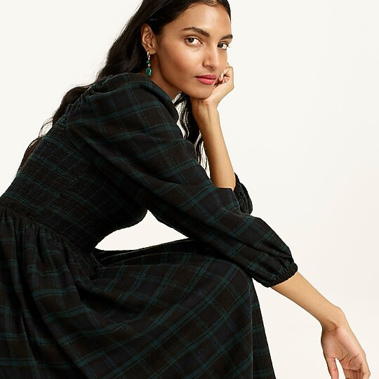 Smocked puff-sleeve dress in Black Watch tartan flannel | J. Crew US
