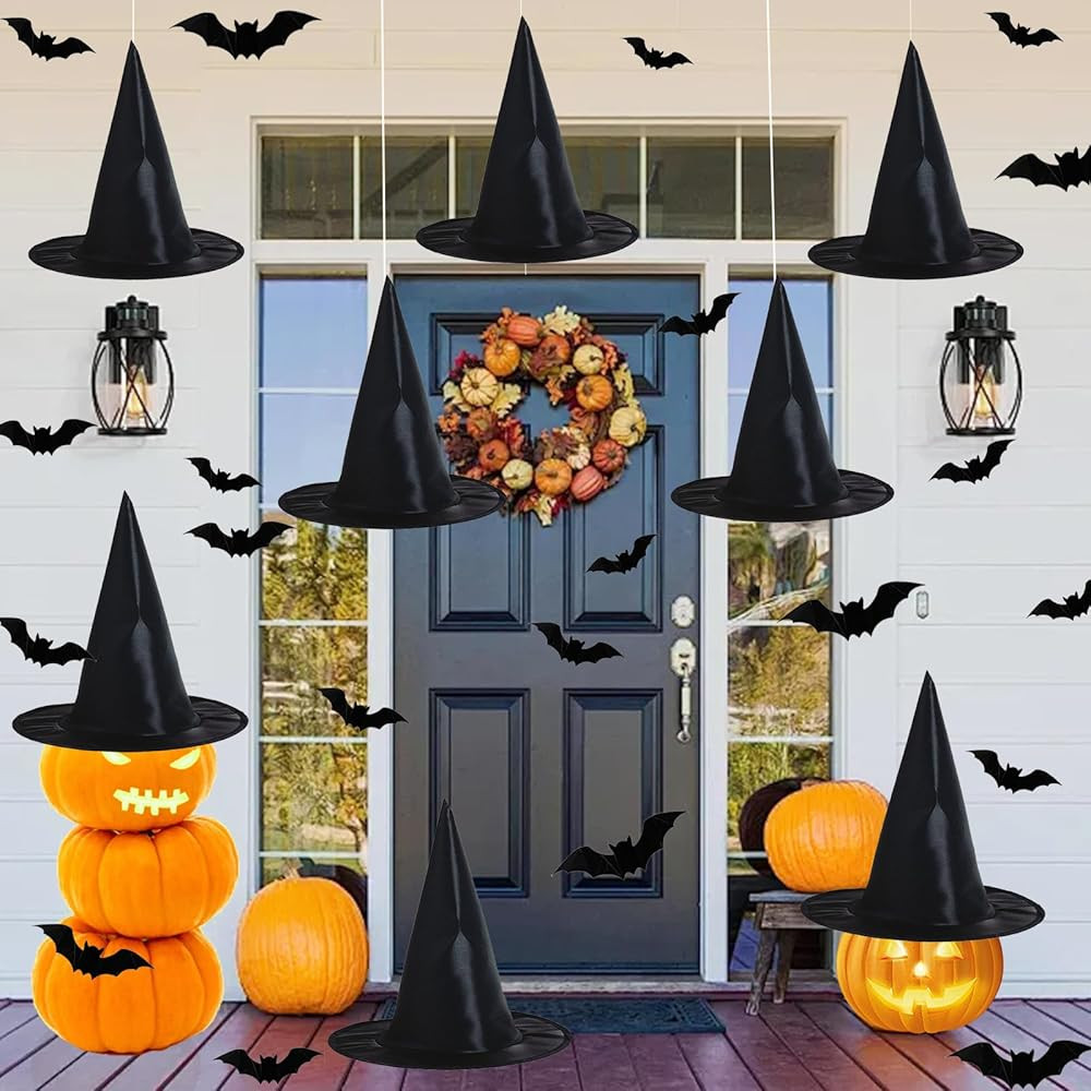 Witch Hat Decorations - 8PCS Black Hanging Witch Hats & 32PCS 3D Bats, Halloween Decor & Party Ac... | Amazon (US)