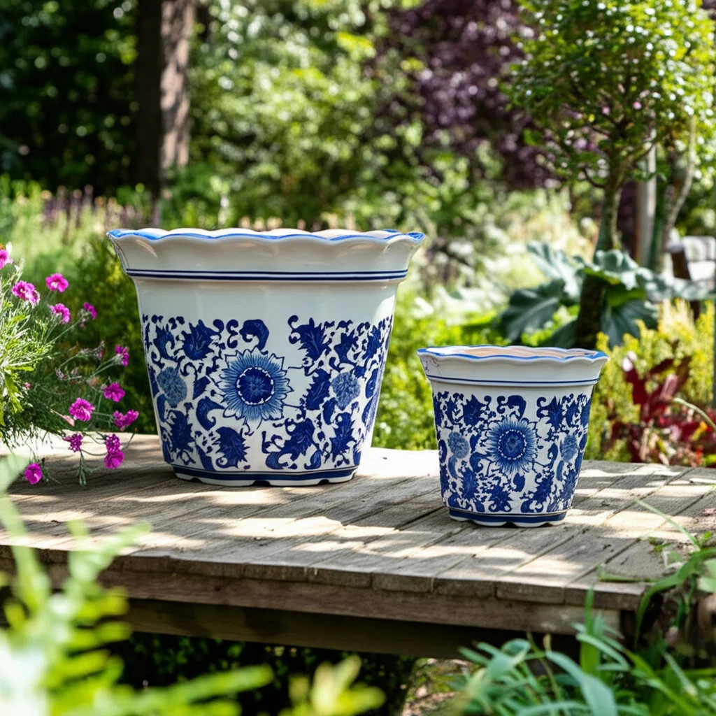 Alcott Hill® Chinoiserie Pot Planters, Blue/White, 2-Pieces | Wayfair | Wayfair North America
