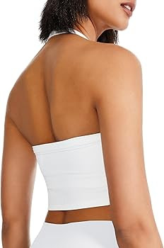 QUOJIZY Halter Sports Bra Longline Open Back Workout Top Ribbed Crop Tank Tops with Built in Bra ... | Amazon (US)