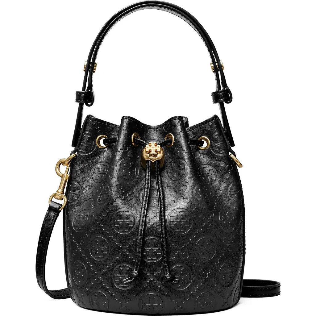 Tory Burch Mini T Monogram Debossed Bucket Bag in Black at Nordstrom | Nordstrom