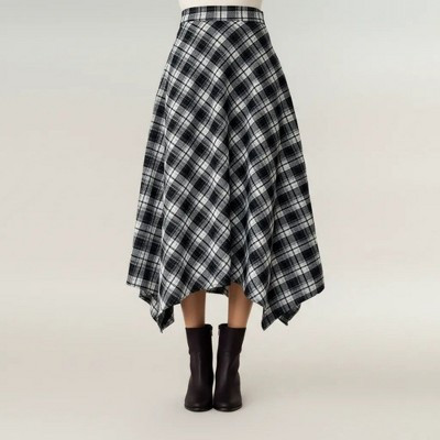Anna-Kaci Women's Plaid Midi Skirt with Handkerchief Hem and High Waist Flared Silhouette - Small, Black | Target