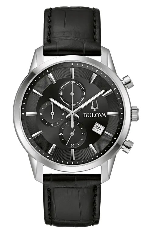 BULOVA Sutton Leather Strap Chronograph Watch, 41mm in Silver-Tone at Nordstrom | Nordstrom