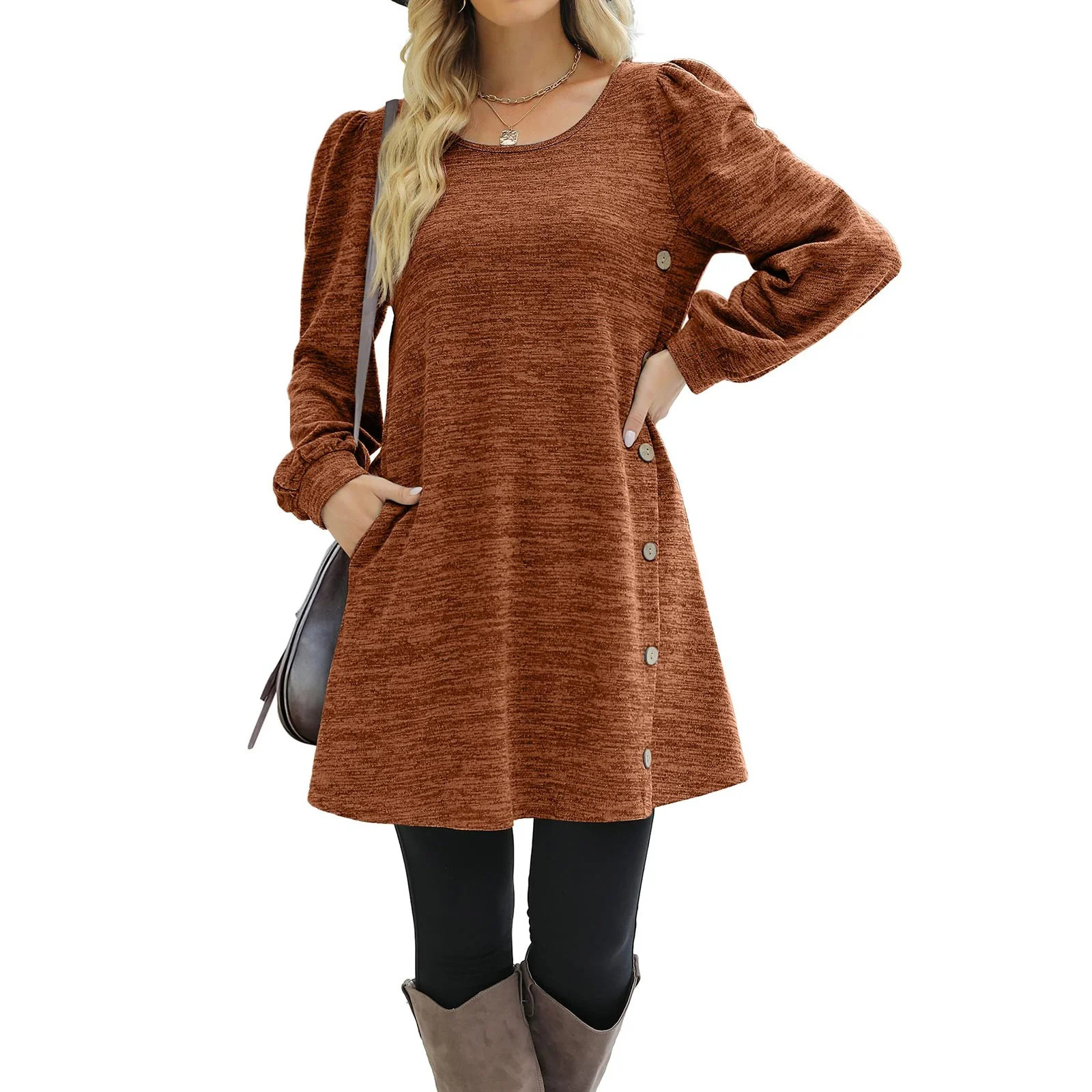 Women's Long Sleeve Dresses Button Side Scoop Neck Fall Dress Tunic with Pockets - Walmart.com | Walmart (US)