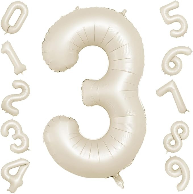 40 Inch Cream Number 3 Balloon, Beige Large 3rd Birthday Balloons, Digital 3 Cream White Giant 3 ... | Amazon (US)