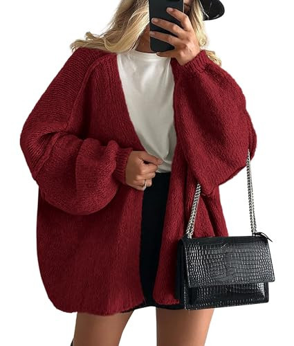PRETTYGARDEN Womens Oversized Cardigan Sweaters 2026 Fall Long Lantern Sleeve Knit Open Front Lightweight Sweater (Wine Red,Large) | Amazon (US)