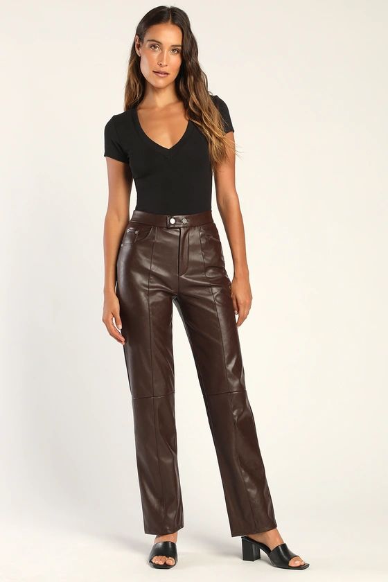 Belva Chocolate Brown Faux Leather Straight Leg Pants | Lulus (US)