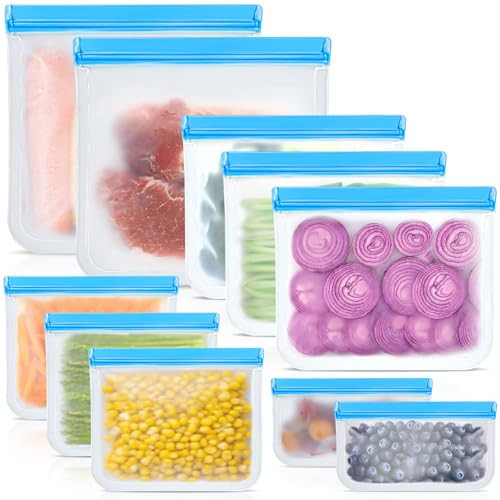 Reusable Silicone Food Storage Bags, 10 Pack 4 Size Leak proof Dishwasher Safe Reusable Freezer Bags for Food Storage Containers, Lunch Bag for Sandwich, Marinate Meat, Fruit | Amazon (US)
