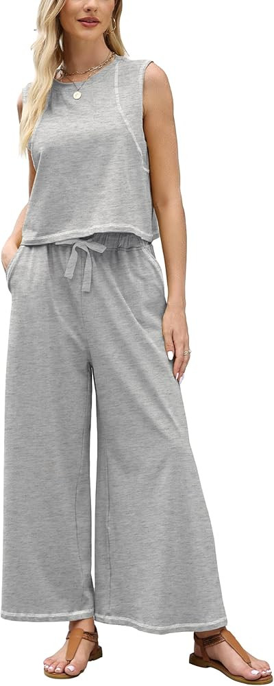 Ynhonra Women’s 2 Piece Lounge Set Sleeveless Tank Top & Wide Leg Pants Contrast Trim Relaxed C... | Amazon (US)