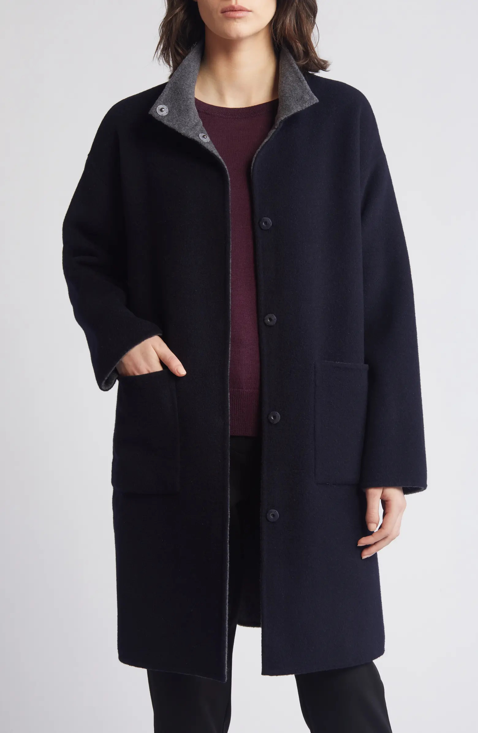 Eileen Fisher Stand Collar Reversible Wool & Cashmere Coat | Nordstrom | Nordstrom