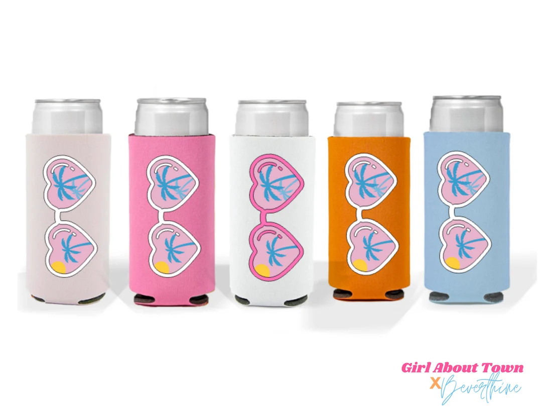 Bachelorette Slim Can Holder . Heart Glasses Palm Trees Tropical Malibu Doll Babe Reusable Can Co... | Etsy (US)