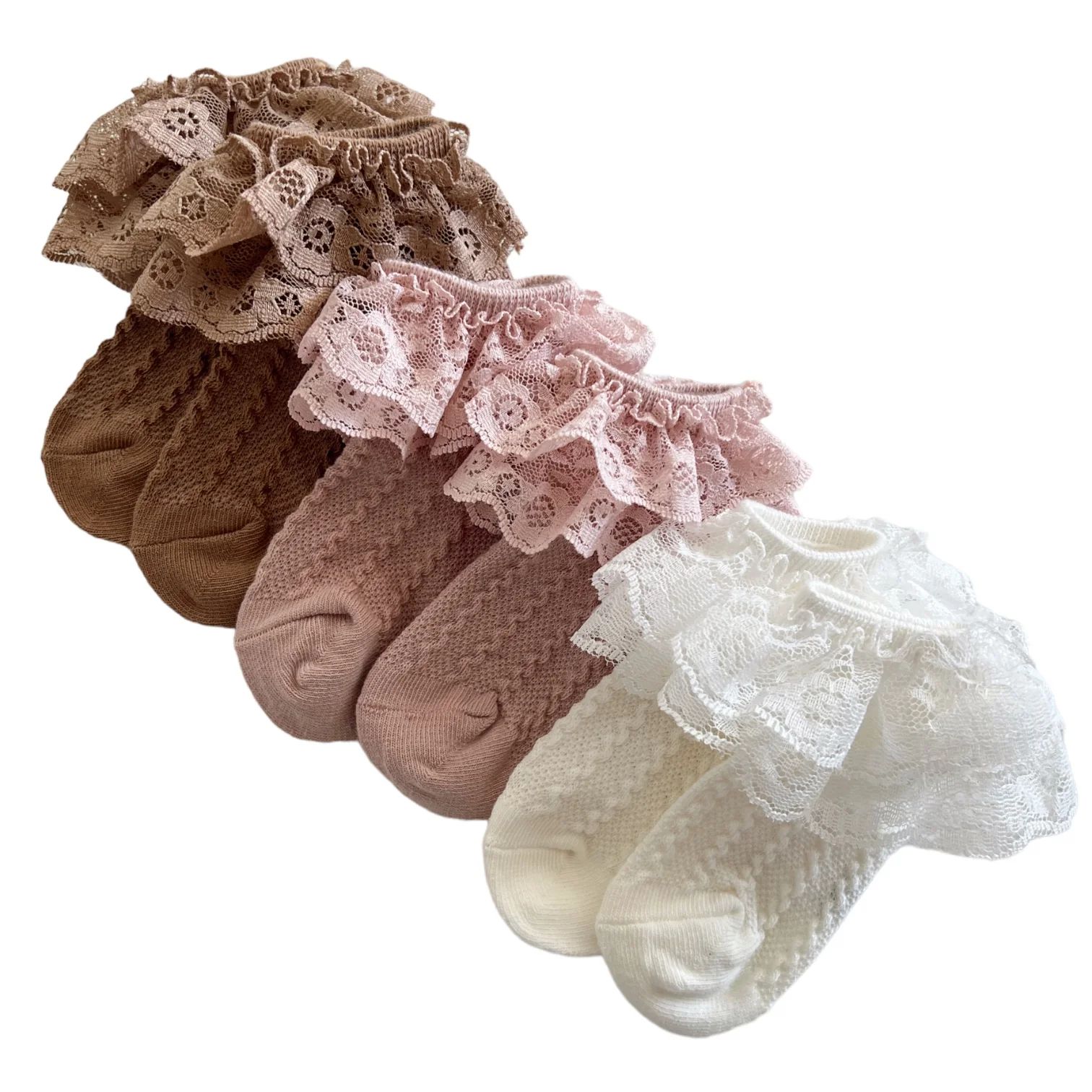 3-Pack Lacey Ruffle Socks, Ivory, Pink, Beige | SpearmintLOVE