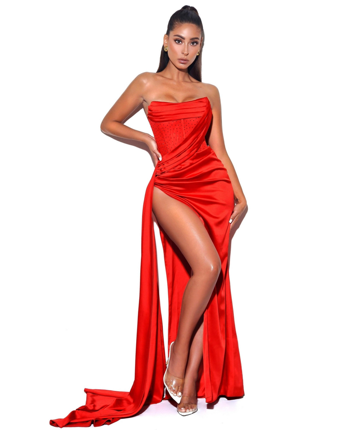 Miss Circle Women Holly Red Crystallized Corset High Slit Satin Gown - Red | Macy's