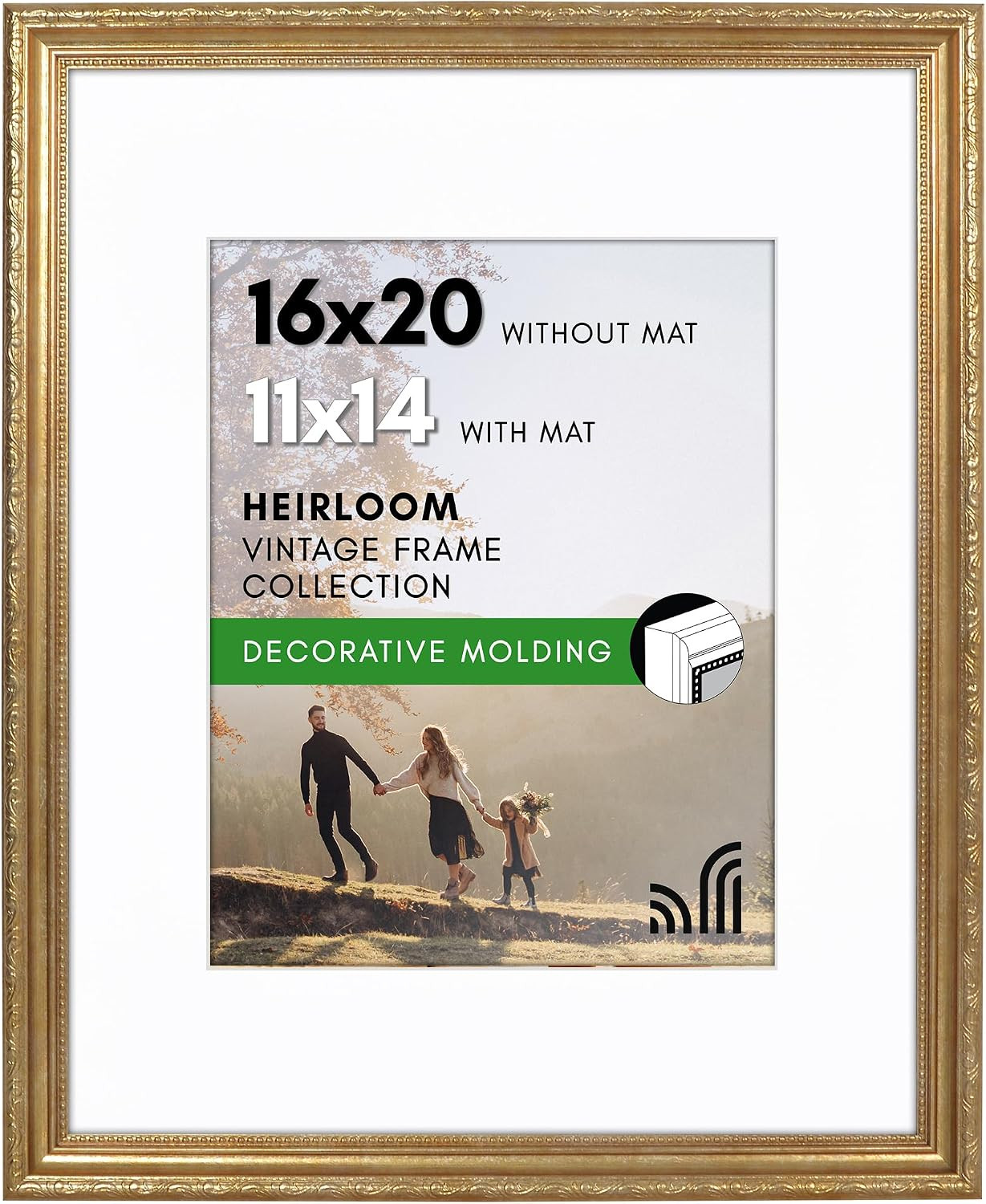 Americanflat 16x20 Picture Frame with Polished Plexiglass - Use as 11x14 Frame with Mat or Display 16x20 Photo Without Mat - Ornate Picture Frames for Wall Display - Gold | Amazon (US)