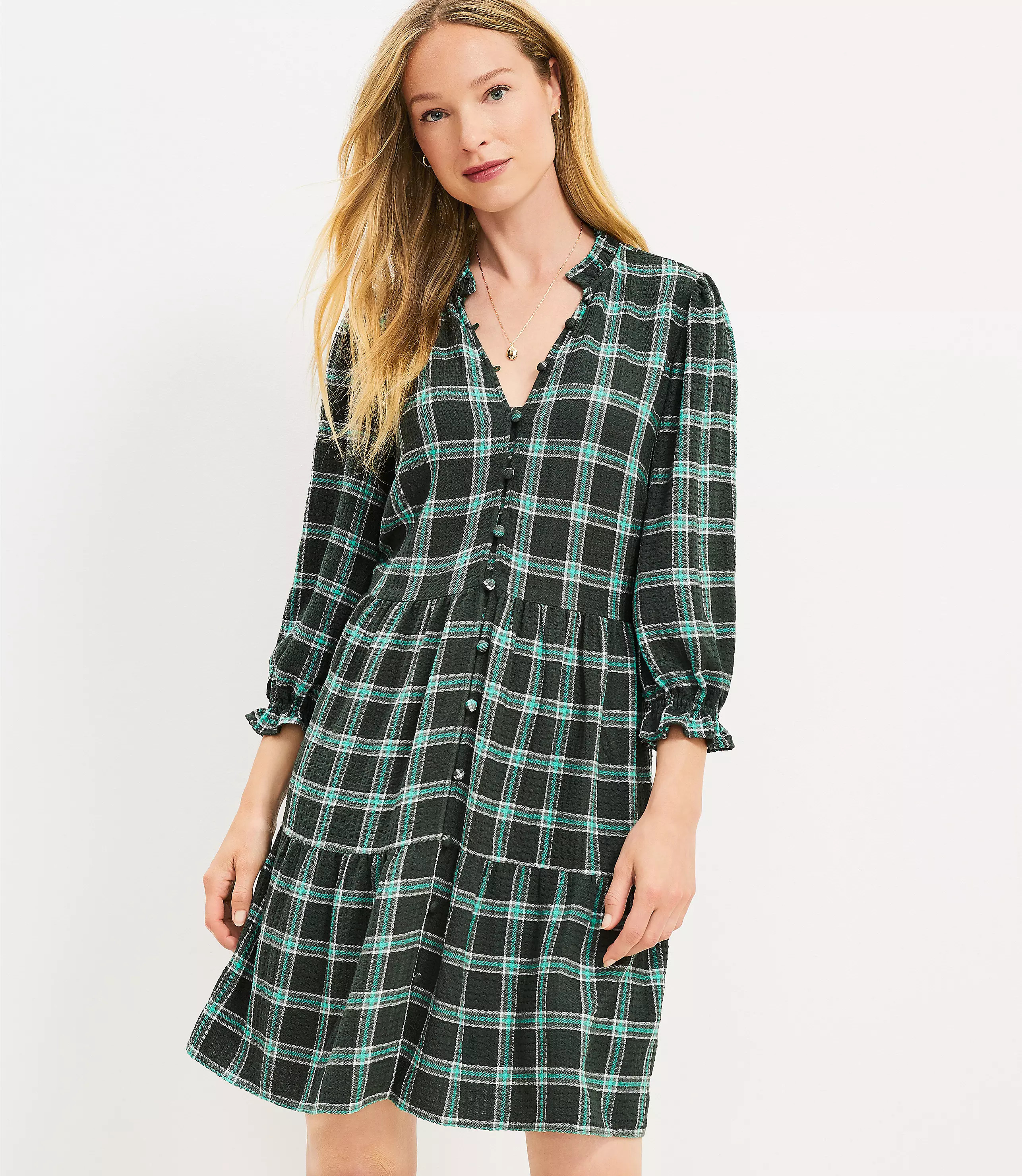 Plaid Ruffle Button Swing Dress | LOFT