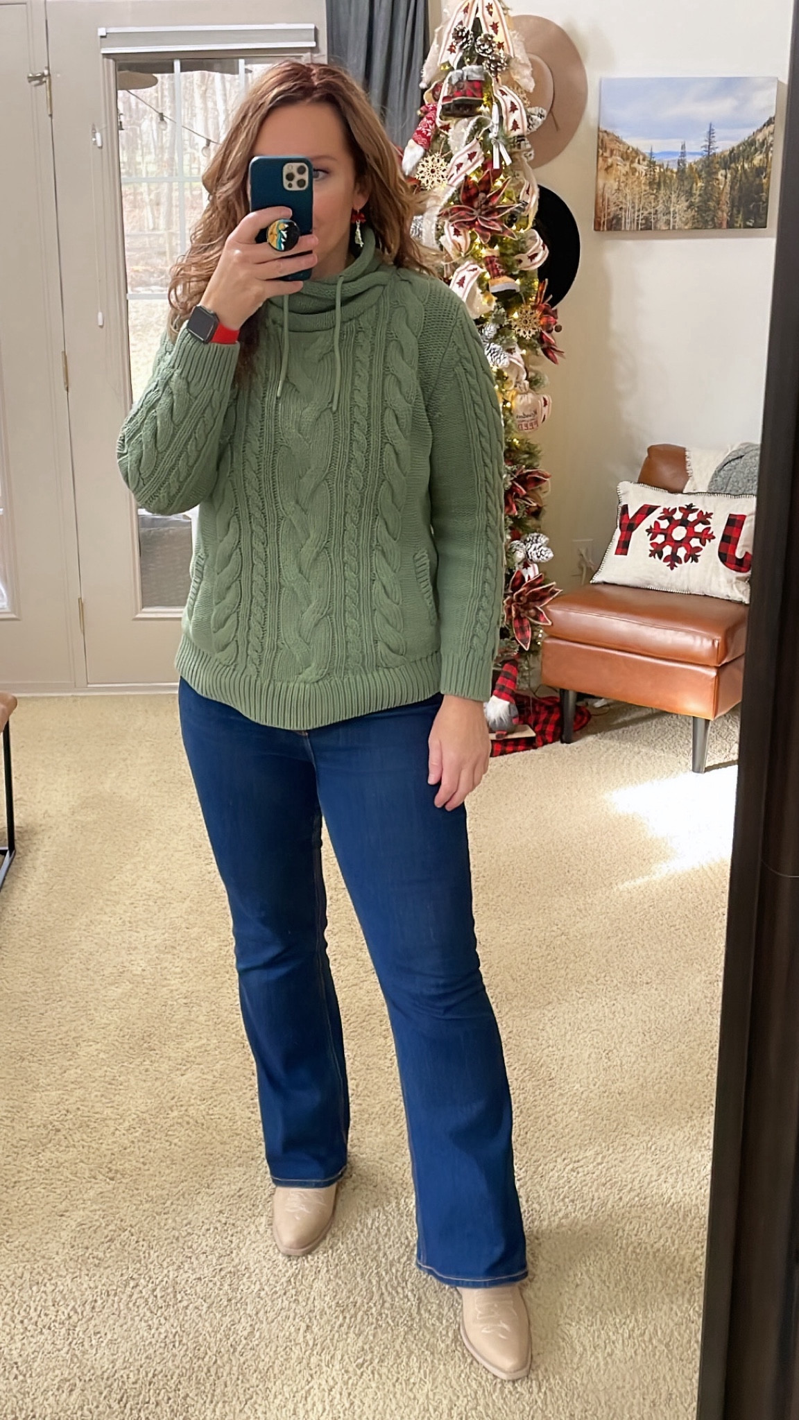 Winter casual look. 
Cowboy boots. Flare jeans. Cabin socks. L.L. Bean. Old Navy  

#LTKSeasonal #LTKmidsize #LTKsalealert