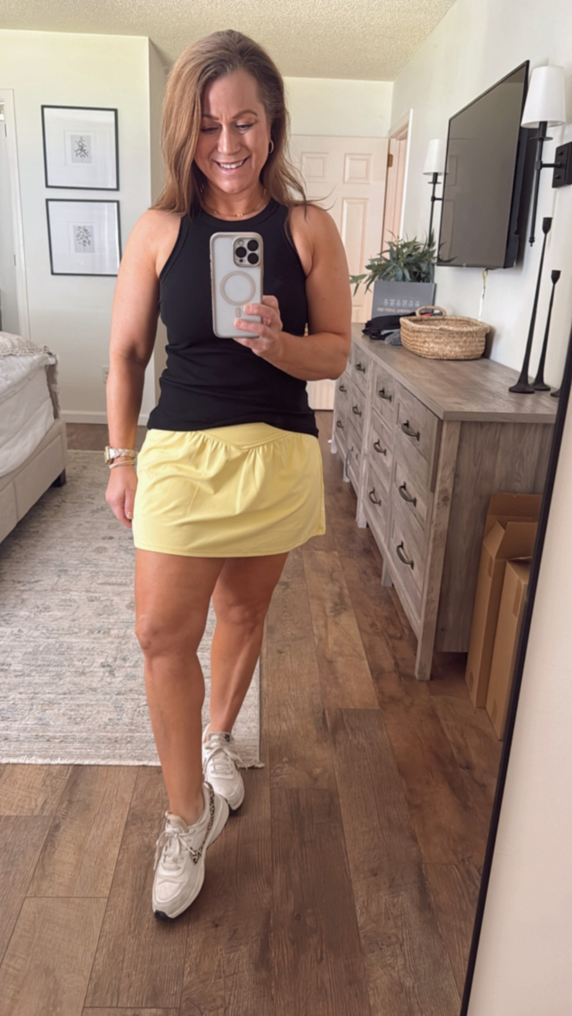 Today’s OOTD

Athletic skort with crossover waistband and built in shorts
Racerback tank
Nike sneakers 
Disc necklace 
Gold hoop earrings 
Bra with convertible straps 

#LTKMidsize #LTKPetite #LTKActive