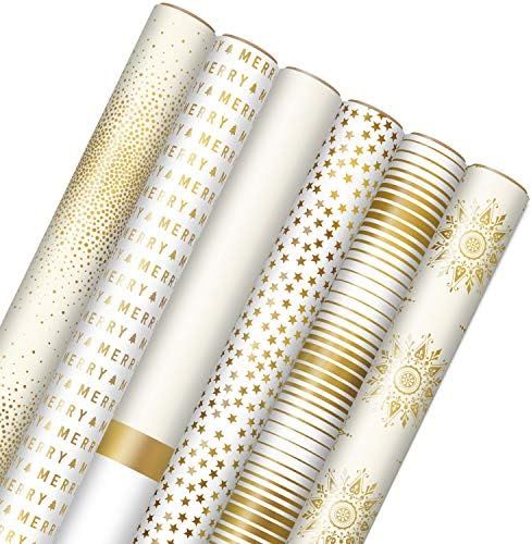 Hallmark Bulk Holiday Wrapping Paper with Cut Lines on Reverse (6 Rolls: 180 sq. ft. ttl) Gold, I... | Amazon (US)