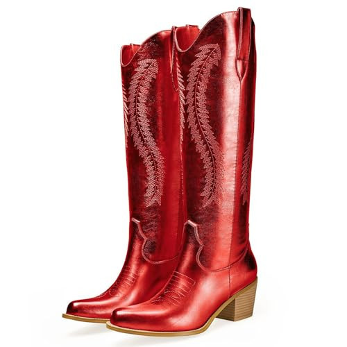 GOSERCE Metallic Knee High Cowboy Boots for Women Embroidered Ladies' Tall Cowgirl Boots Almond Pointed Toe Medium Block Chunky Heel 6cm Pull On Tabs Precise Stitching Red,11 | Amazon (US)