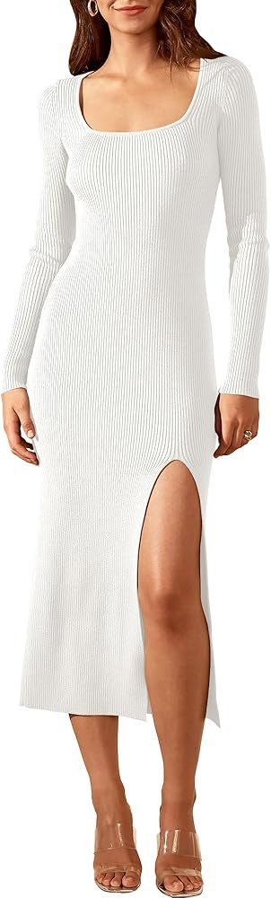ANRABESS Women's 2023 Fall Long Sleeve Sweater Dress Square Neck Side Slit Bodycon Ribbed Knit Sl... | Amazon (US)