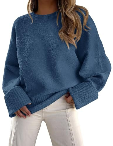 PRETTYGARDEN Women's Fall Oversized Sweaters Casual Crewneck Pullover Long Sleeve Fuzzy Chunky Knit Tops Blouse (Dusty Blue,Large) | Amazon (US)