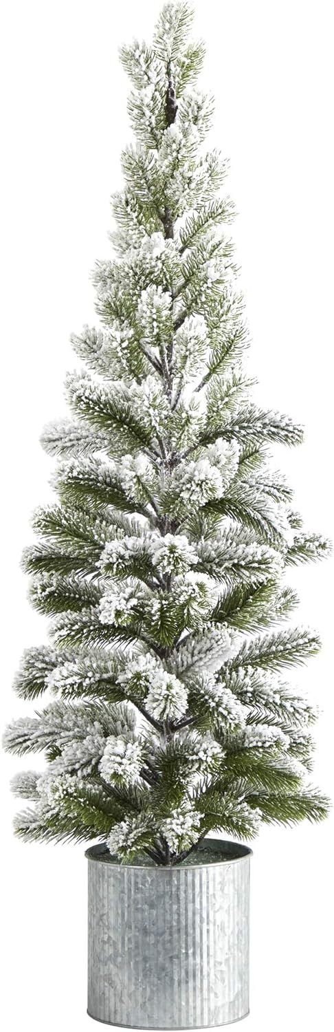 3ft. Flocked Christmas Artificial Pine Tree in Tin Planter | Amazon (US)