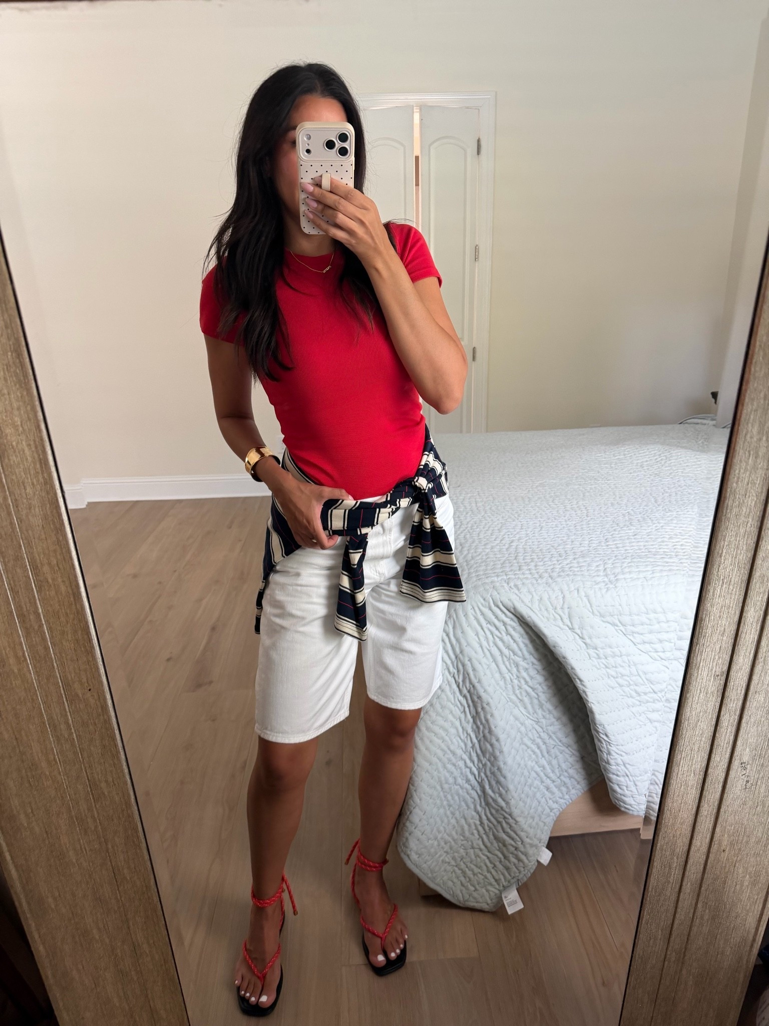 Easy outfit of the day! Wearing size small in tee, size 27 (fit oversized) in shorts. Sandals are sold out in red, but linking a similar pair that’s wayyyyy cheaper!

#LTKgrwm #LTKmomlife #LTKootd
