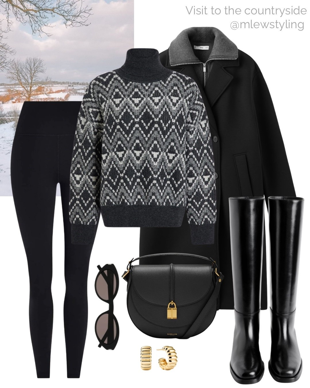Winter chic outfit for a visit to the countryside 🖤

Tags: winter outfit, black riding boots, fair isle turtleneck sweater, wool coat, ysl sunglasses, black leggings, DeMellier crossbody bag, travel outfit 

#LTKootd #LTKSeasonal #LTKTravel