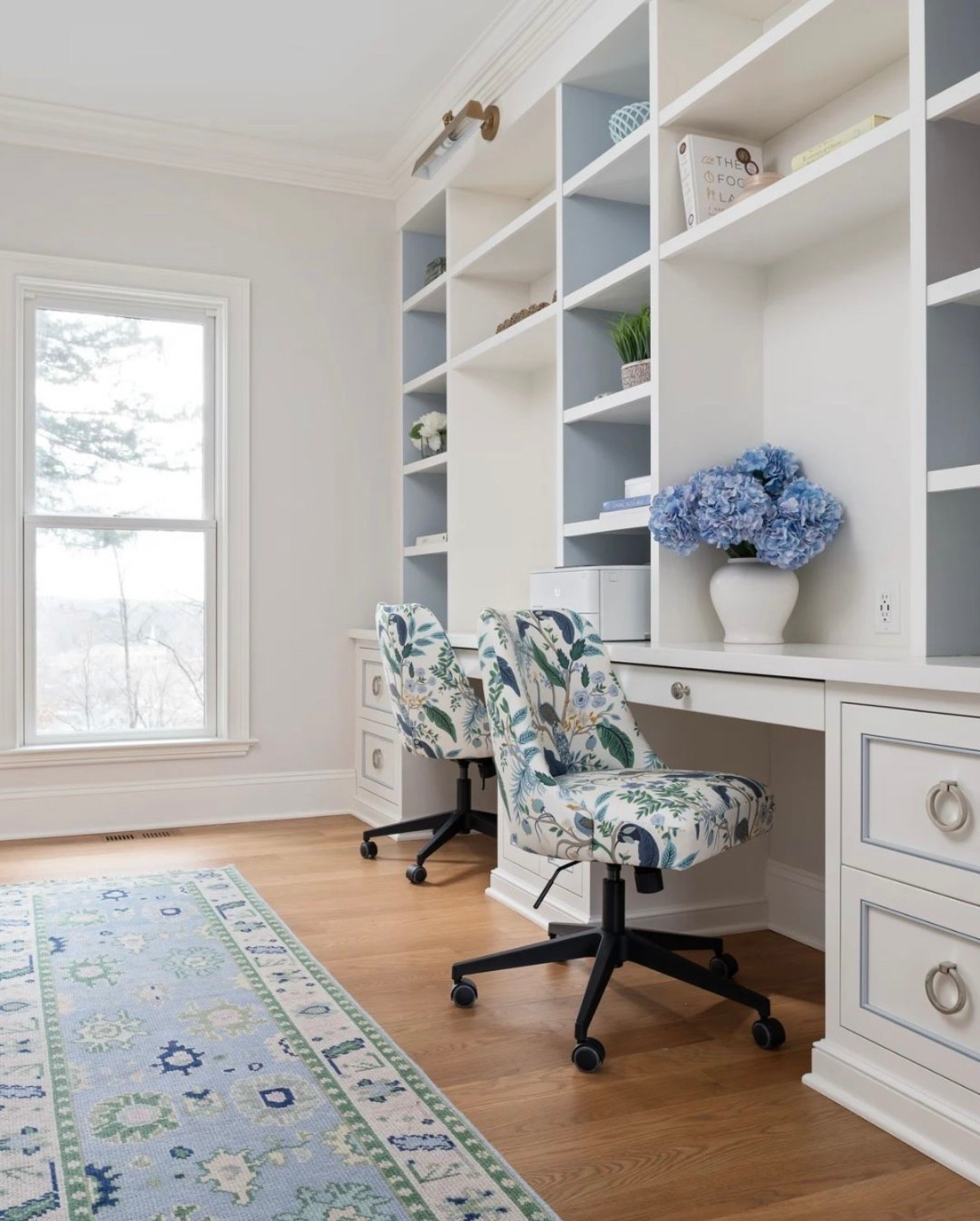 Grand millennial Feminin home office –Oushak rug runner, hydrangea, flowers in white vase

#LTKHome #LTKOver40 #LTKSaleAlert