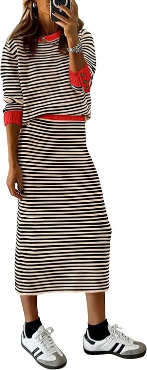 PRETTYGARDEN Women's 2 Piece Striped Sweater Sets Fall Long Sleeve Knit Pullover Pencil Skirts Ma... | Amazon (US)