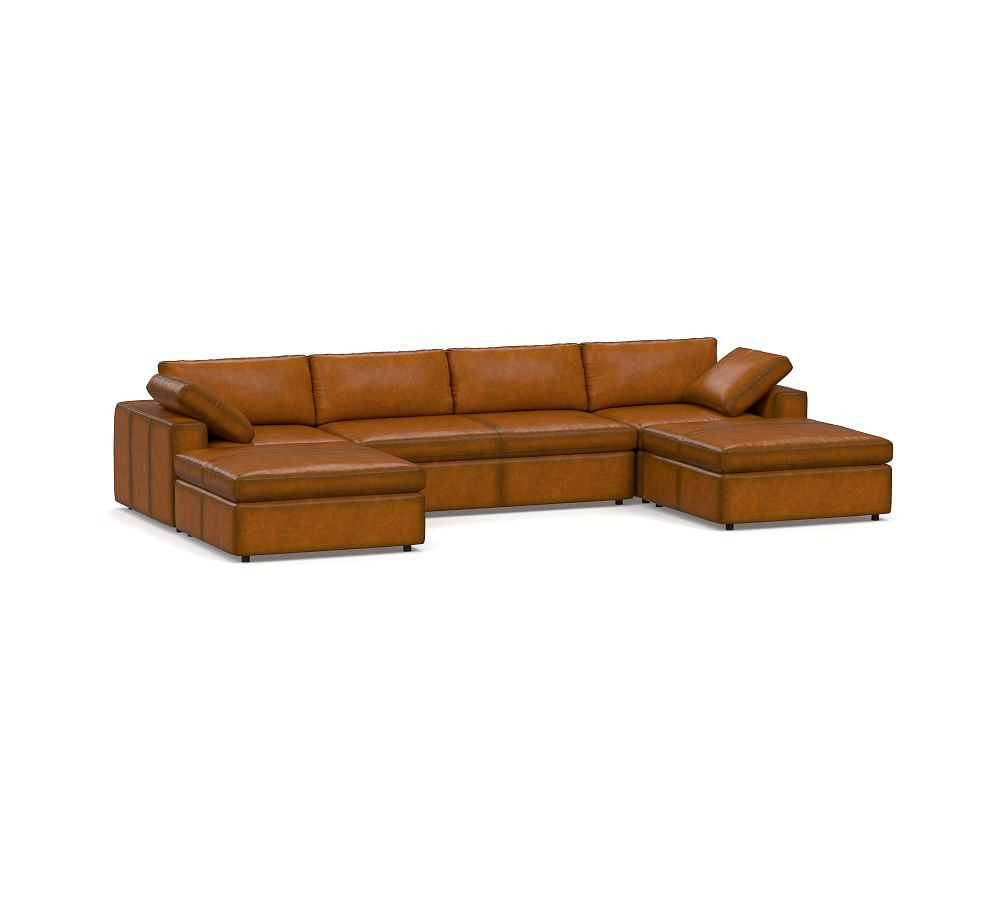 Dream Square Arm Leather 5-Piece U-Shaped Modular Sectional with Bench Cushion and Ottoman, Memory Foam Seat Cushions and Down Blend Wrapped Back Cushions, Burnished Bourbon | Pottery Barn (US)